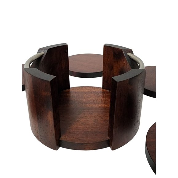 20th Century Modern Dark Wood Coasters in Caddy - 7 Pieces Vintage - Picture 7 of 7